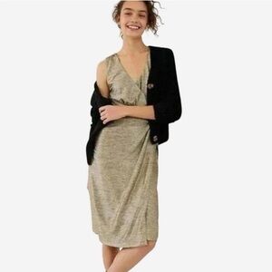 NWOT Anthropologie Kari Metallic Gold Cocktail Midi Faux Wrap Dress - XS
